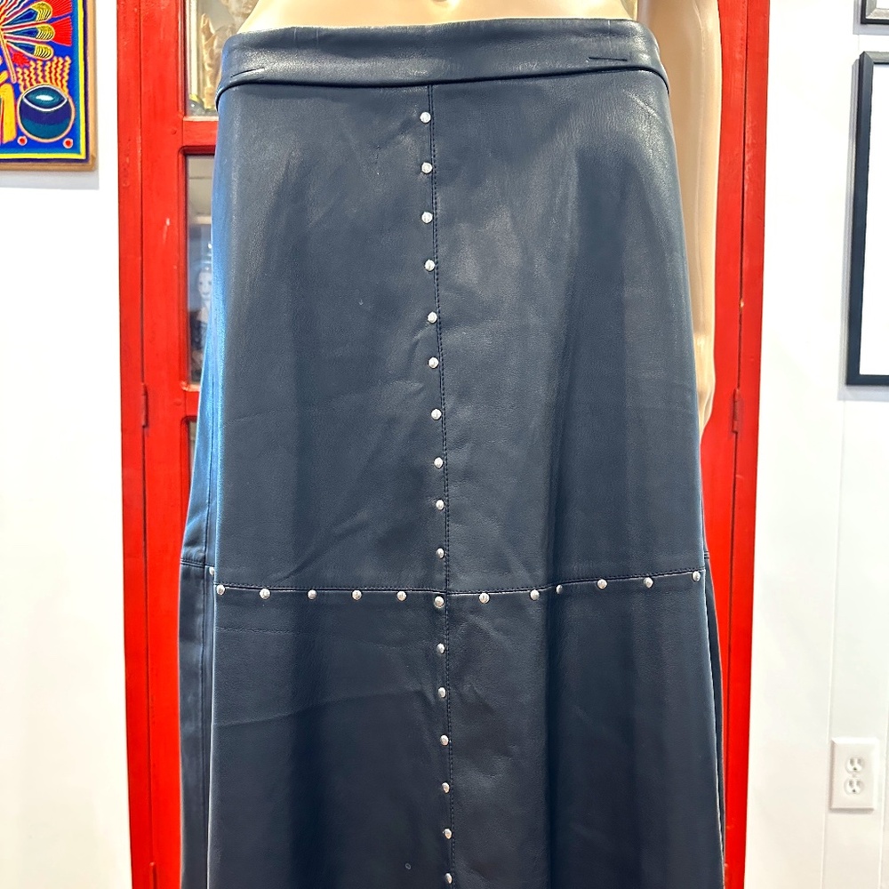 Black Vegan Leather Midi Skirt with Silver Stud Embellishments Sz 6 NWT